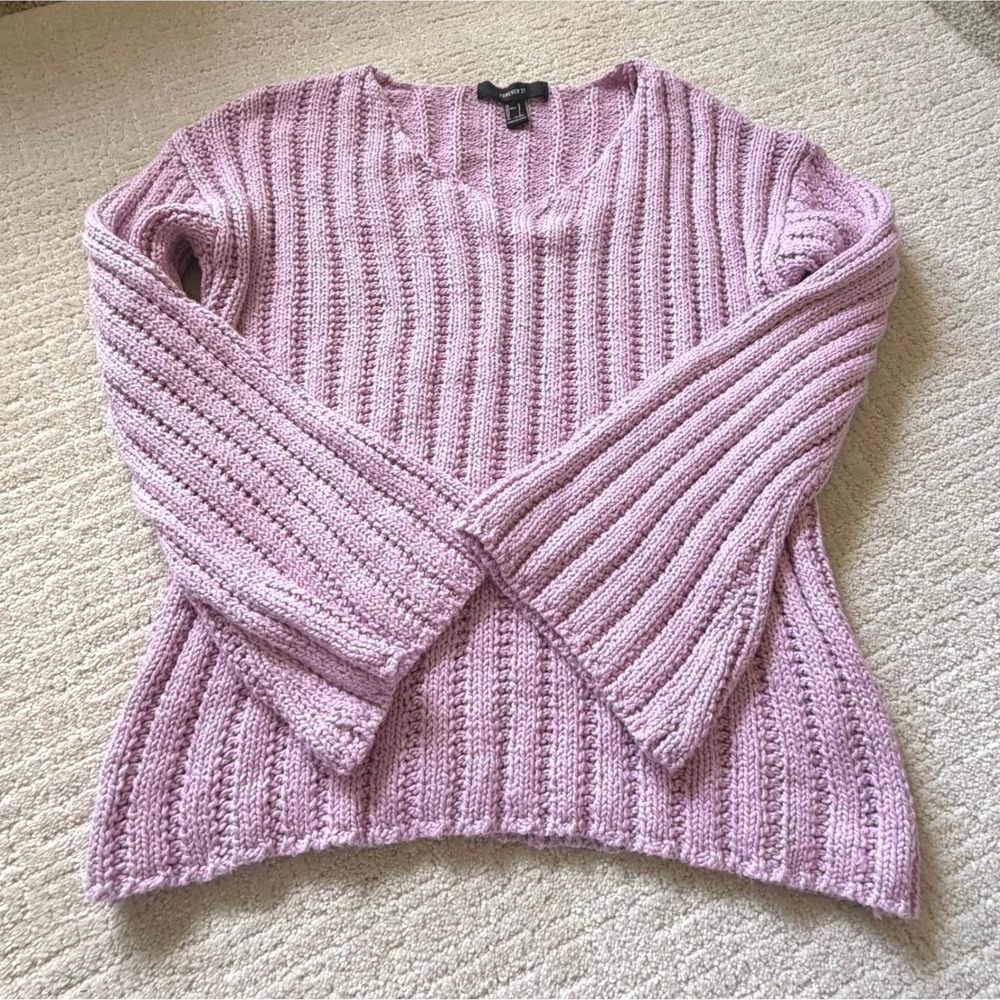 Lavender Purple‎ V-Neck Ribbed Bell Sleeve 100% Cotton Chunky Knit Sweater LG